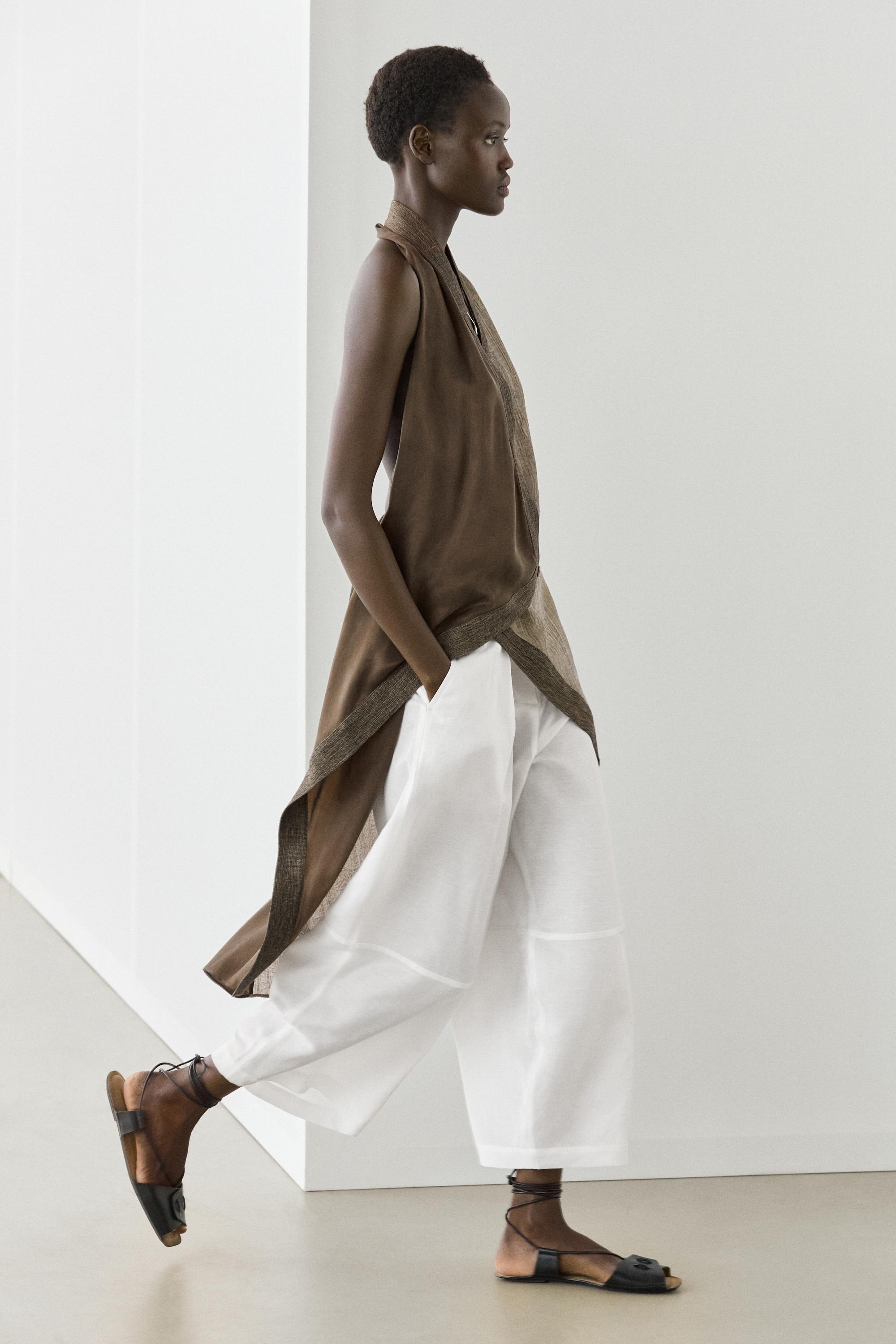 Flowing linen blend pants with seams — White