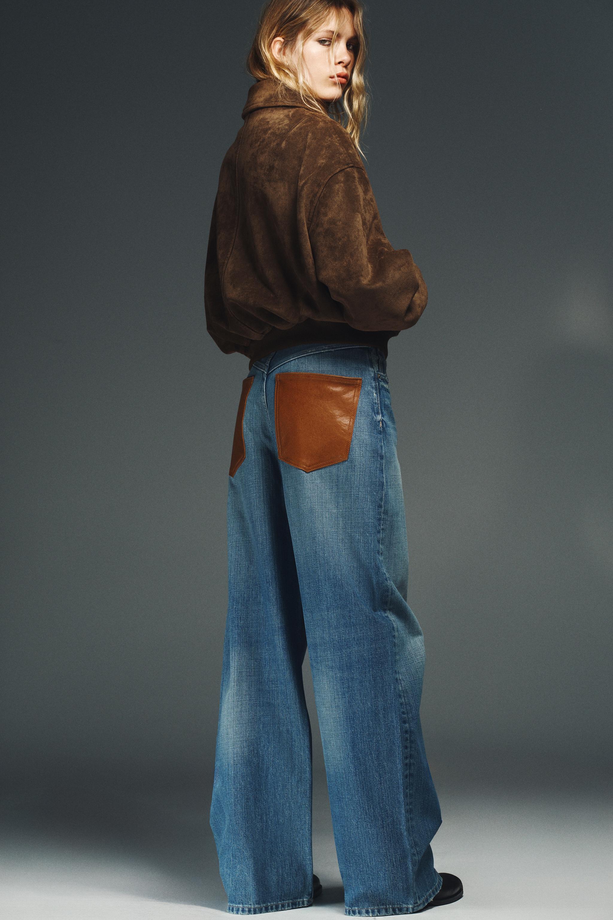 JEANS TRF WIDE LEG CINTURA ALTA BOLSOS DE COURO - Azul | ZARA Brasil