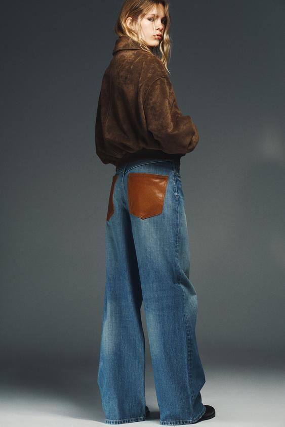 TRF WIDE LEG HIGH-WAISTED JEANS WITH FAUX LEATHER POCKETS