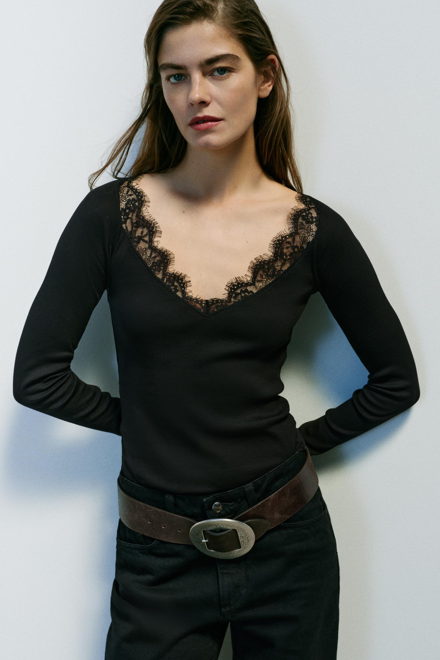 Женская футболка Zara Ribbed Combo, цвет: Чёрный — фото 2
