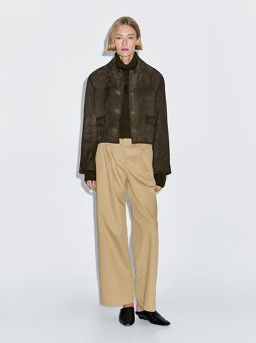 Zara Suede leather jacket with lined buttons - Green