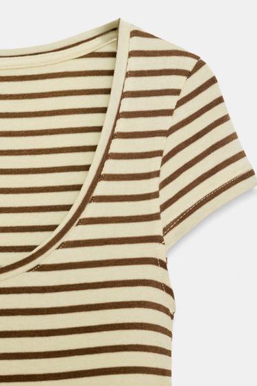 STRIPED SHORT SLEEVE T-SHIRT - Ecru / Brown by Zara - Image 8