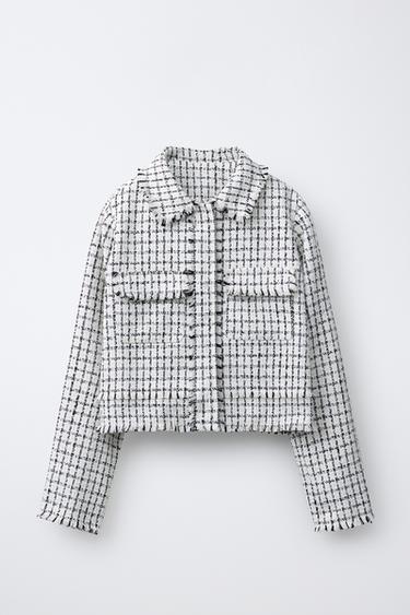 Zara CROPPED TEXTURED JACKET - Ecru / Black