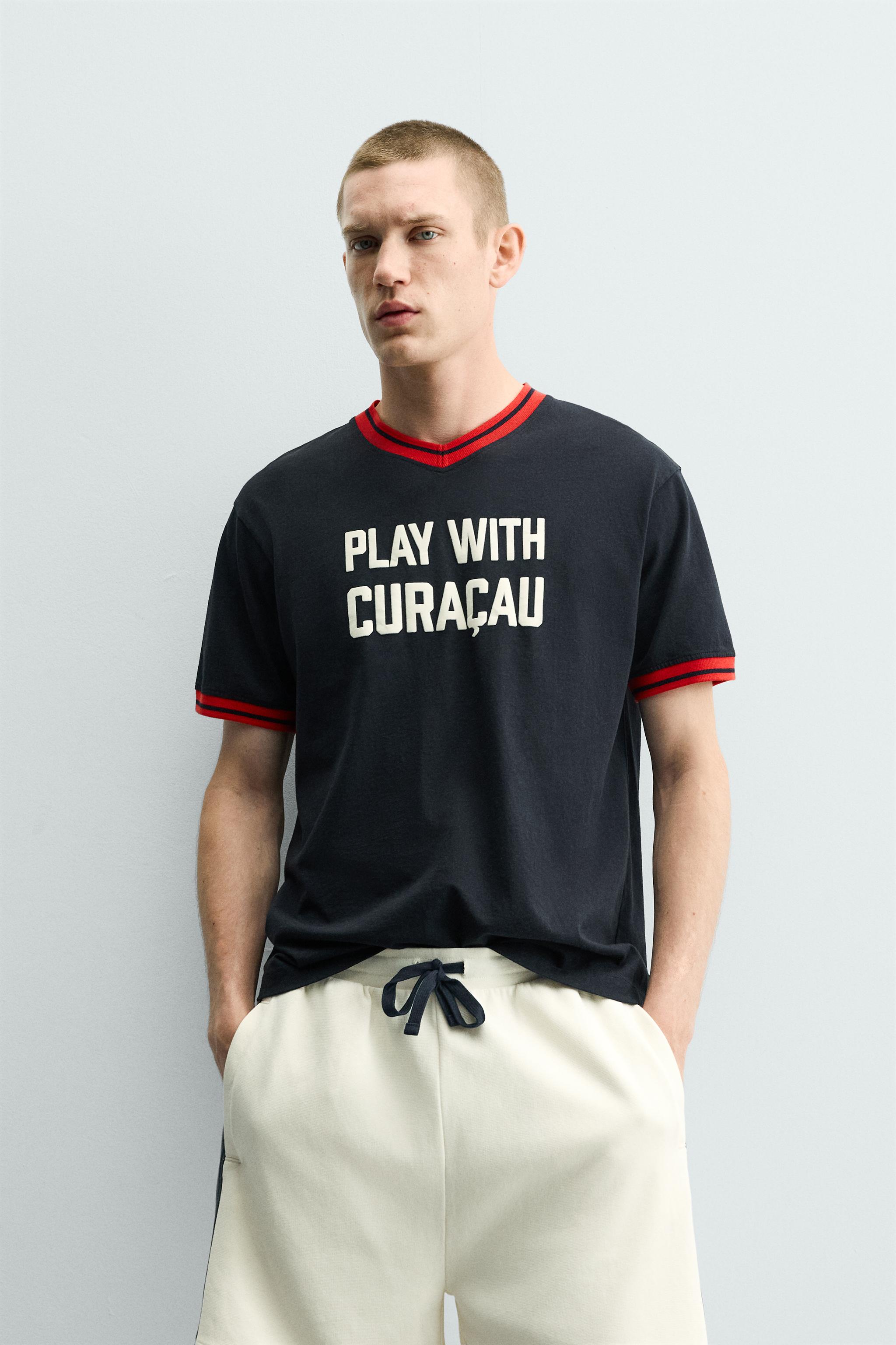 CONTRASTING TEXT PRINT T-SHIRT — Navy blue