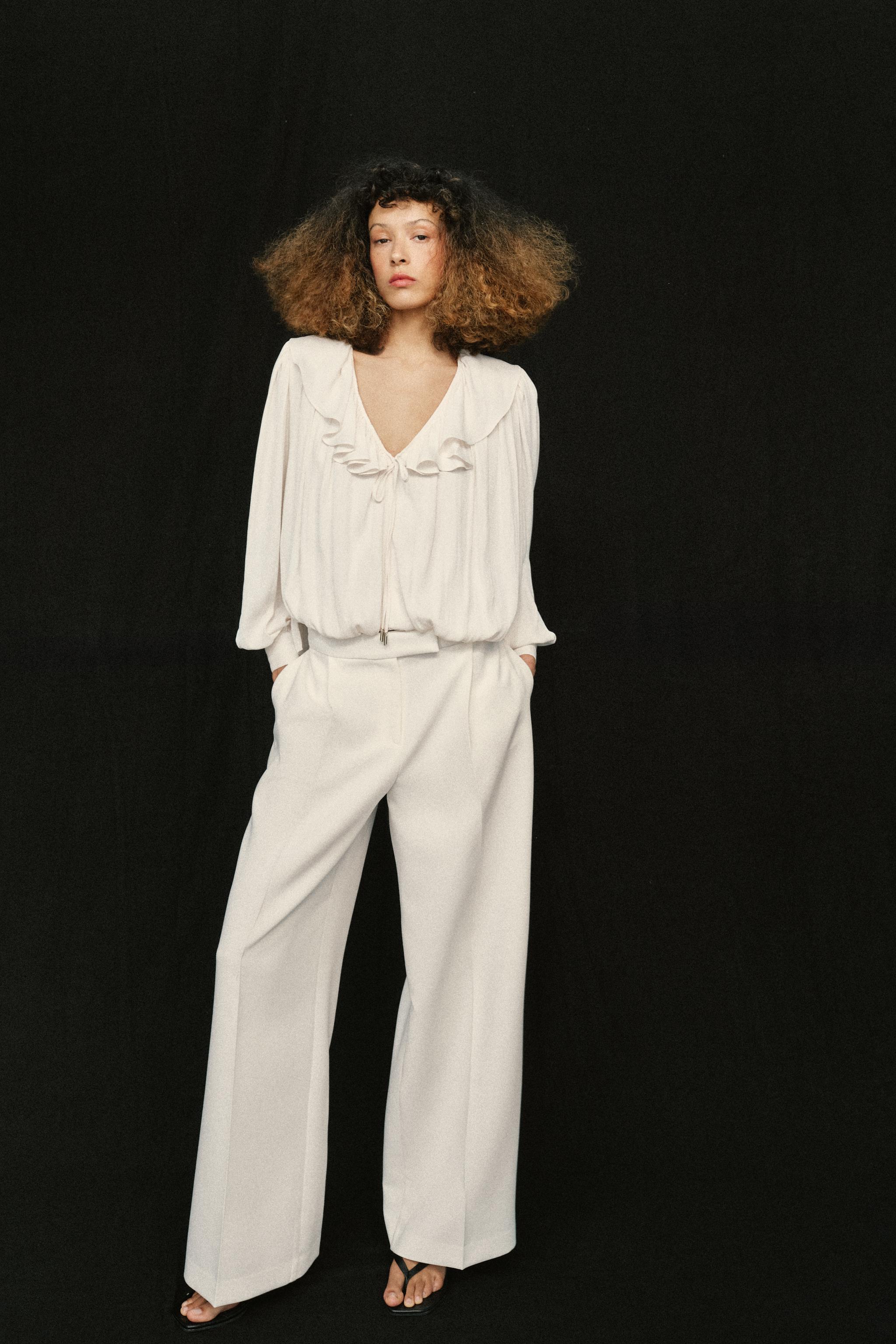 RUFFLED SATIN EFFECT BLOUSE WITH SHOULDER PADS