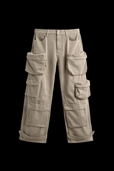 Zara DENIM CARGO PANTS WITH POCKETS - taupe brown