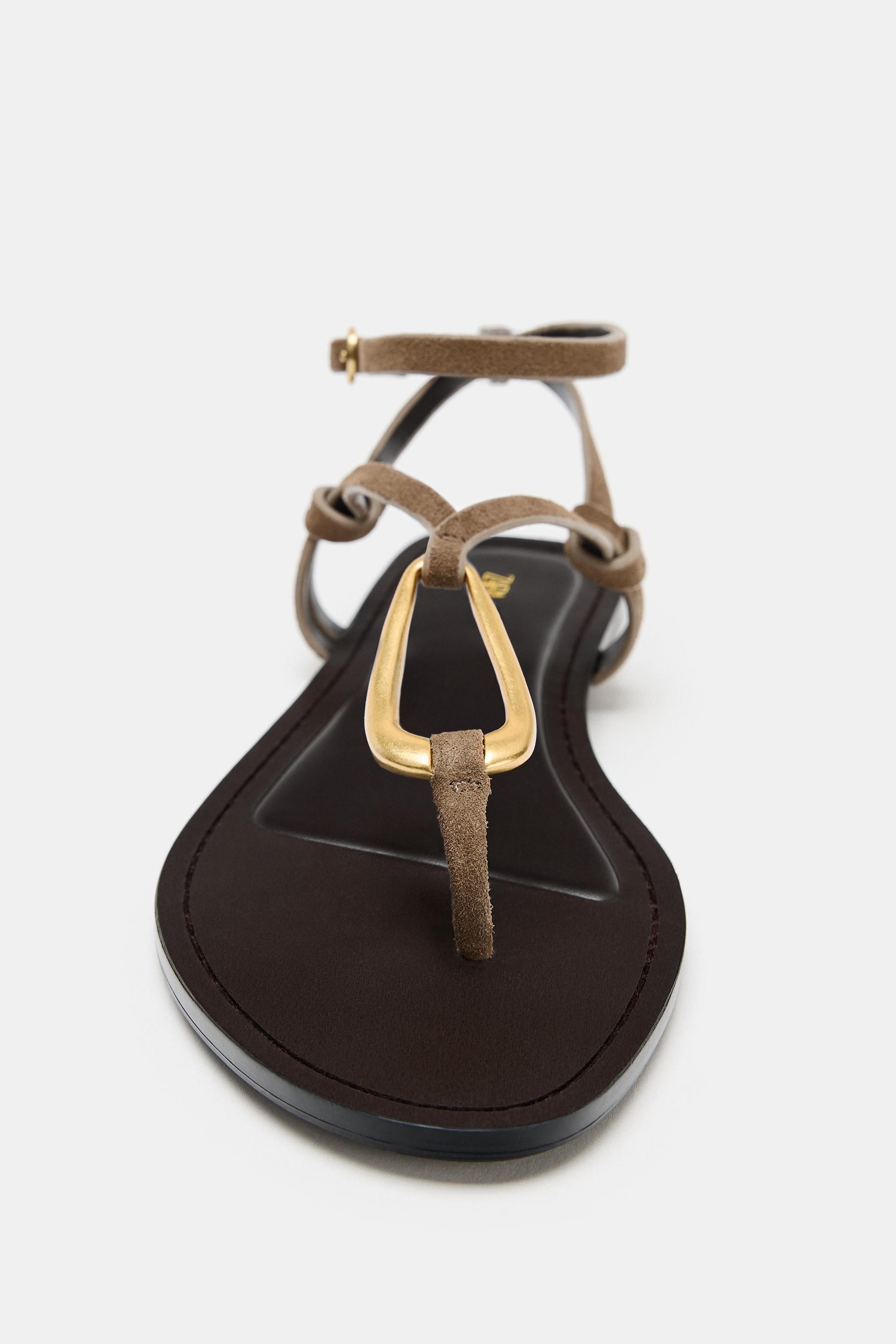Женские сандалии Zara LEATHER SANDALS WITH METALLIC DETAIL — фото 4