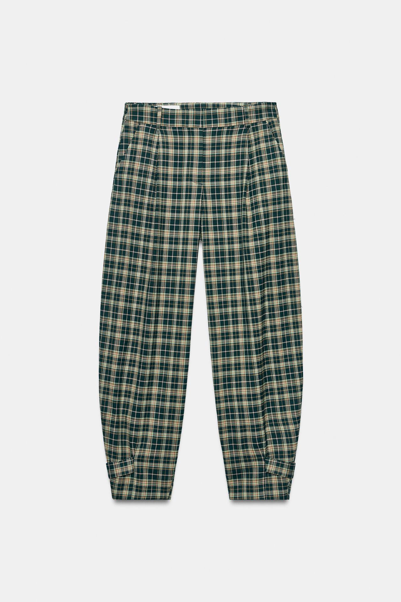 Checkered Pants With Tab Hem — Green / Ecru