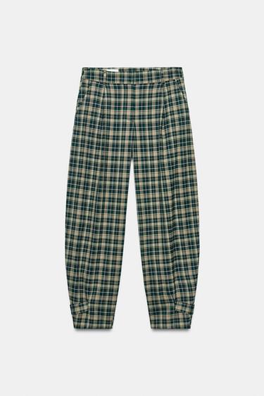 Checkered Pants With Tab Hem — Green / Ecru 2