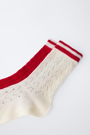 PACK OF TWO LONG CUTWORK STRIPED SOCKS - Ecru / Red by Zara - Image 1