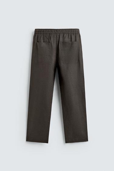 Zara 100% LINEN RELAXED FIT PANTS - Dark green