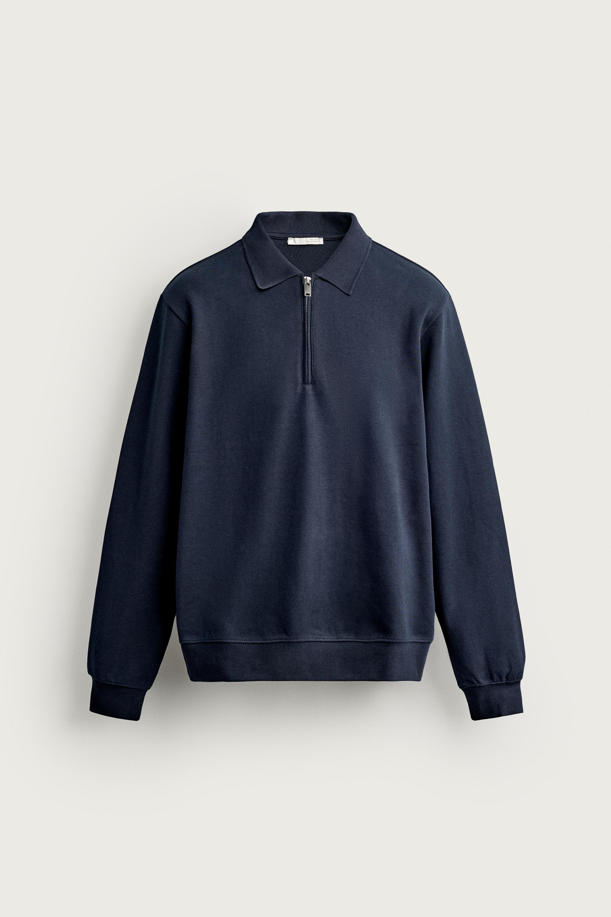 ZIP-UP INTERLOCK POLO SWEATSHIRT — Navy blue