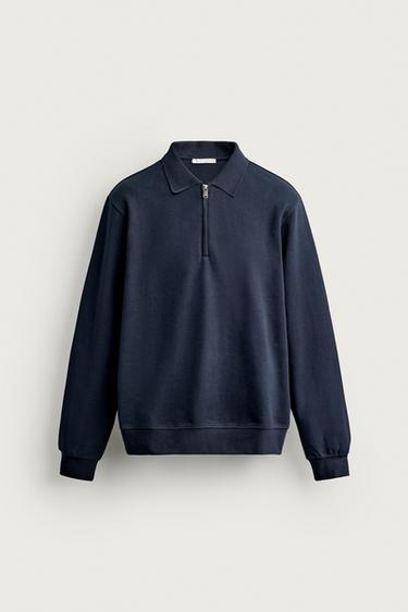 Zara ZIP-UP INTERLOCK POLO SWEATSHIRT - Navy blue