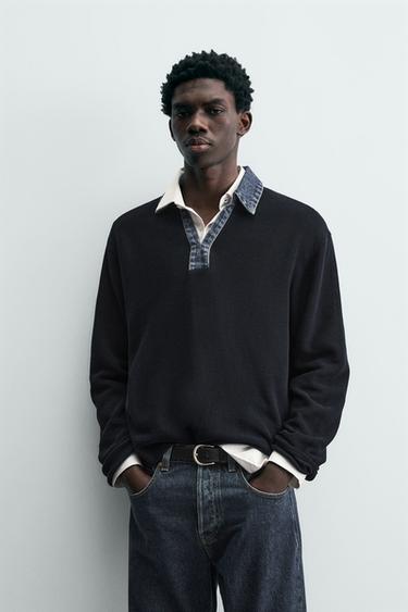 POLO PUNTO CUELLO COMBINADO DENIM - Marino de Zara
