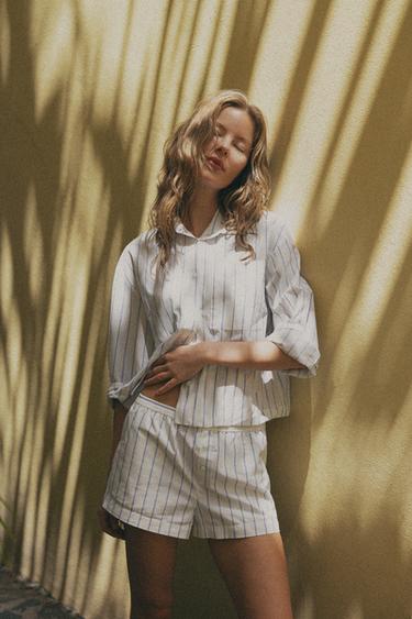 Zara STRIPED BOXER SHORTS - Ecru
