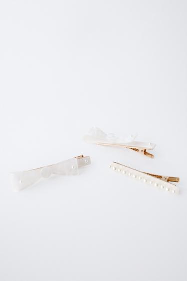 LOT DE TROIS PINCES À CHEVEUX EN NACRE AVEC NOEUDS ET PERLES - Blanc de Zara - Image 1