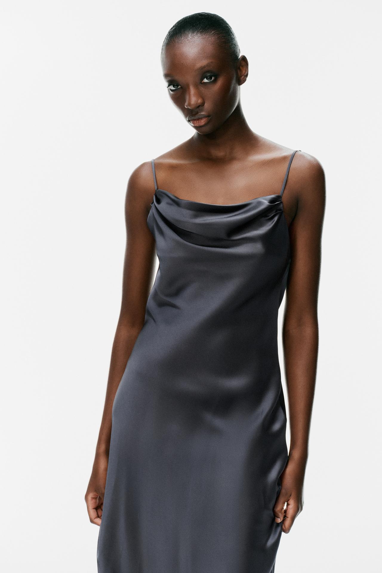 DRAPED SATIN MIDI DRESS — Dark charcoal gray