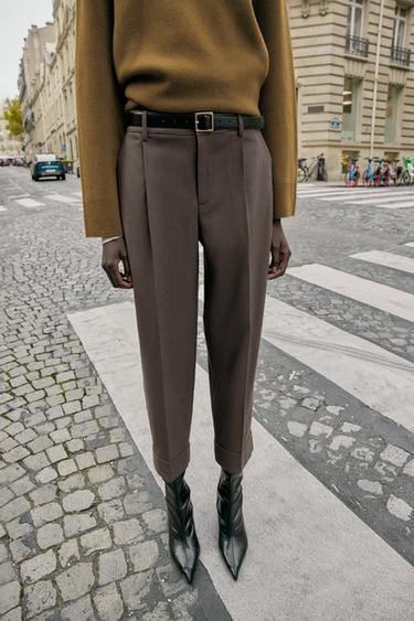 PANTALON AVEC REVERS ET CEINTURE - Marron chiné de Zara - Image 4