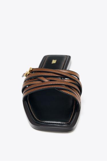 LEATHER STRAPPY SLIDERS WITH BUCKLE - Brown by Zara - Image 2