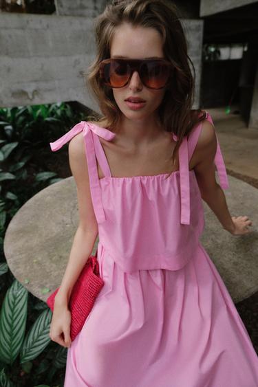 VESTIDO MIDI POPELÍN LAZOS - Rosa medio de Zara