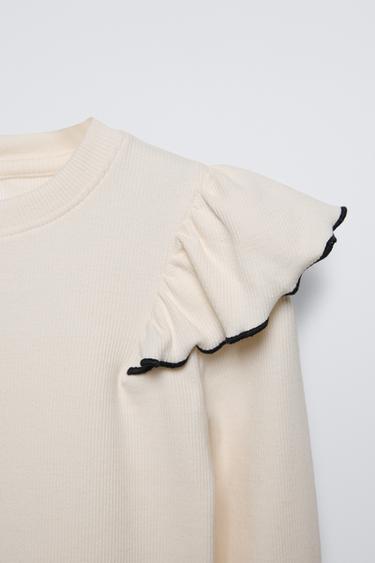 Zara RUFFLED RIBBED T-SHIRT - Ecru