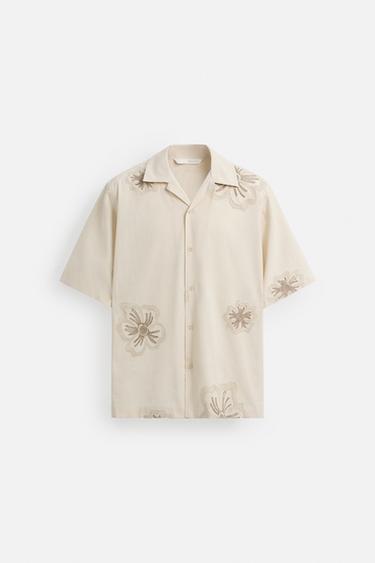 SHIRT WITH FLORAL EMBROIDERY - Light beige by Zara