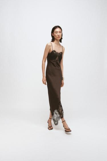 VESTIDO SATINADO ASIMÉTRICO ENCAJE ZW COLLECTION - Negro / Marrón de Zara