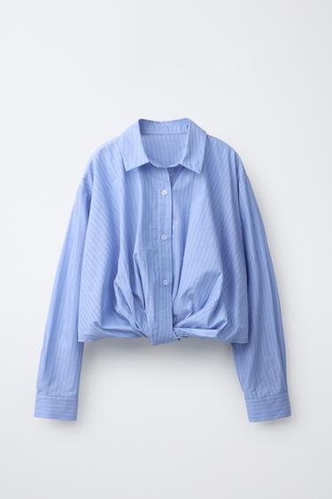 Zara STRIPED CROPPED SHIRT - Blue