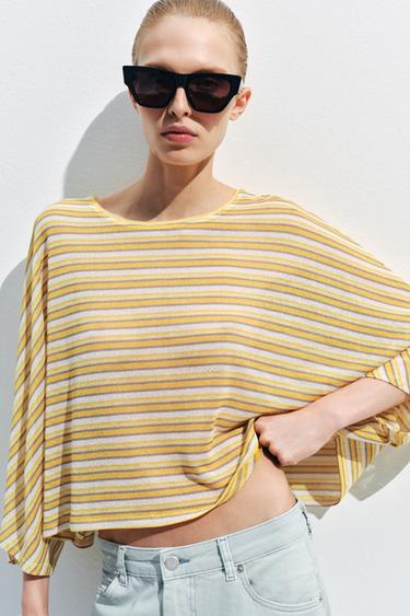 Zara RUSTIC STRIPED CAPE T-SHIRT - Light yellow