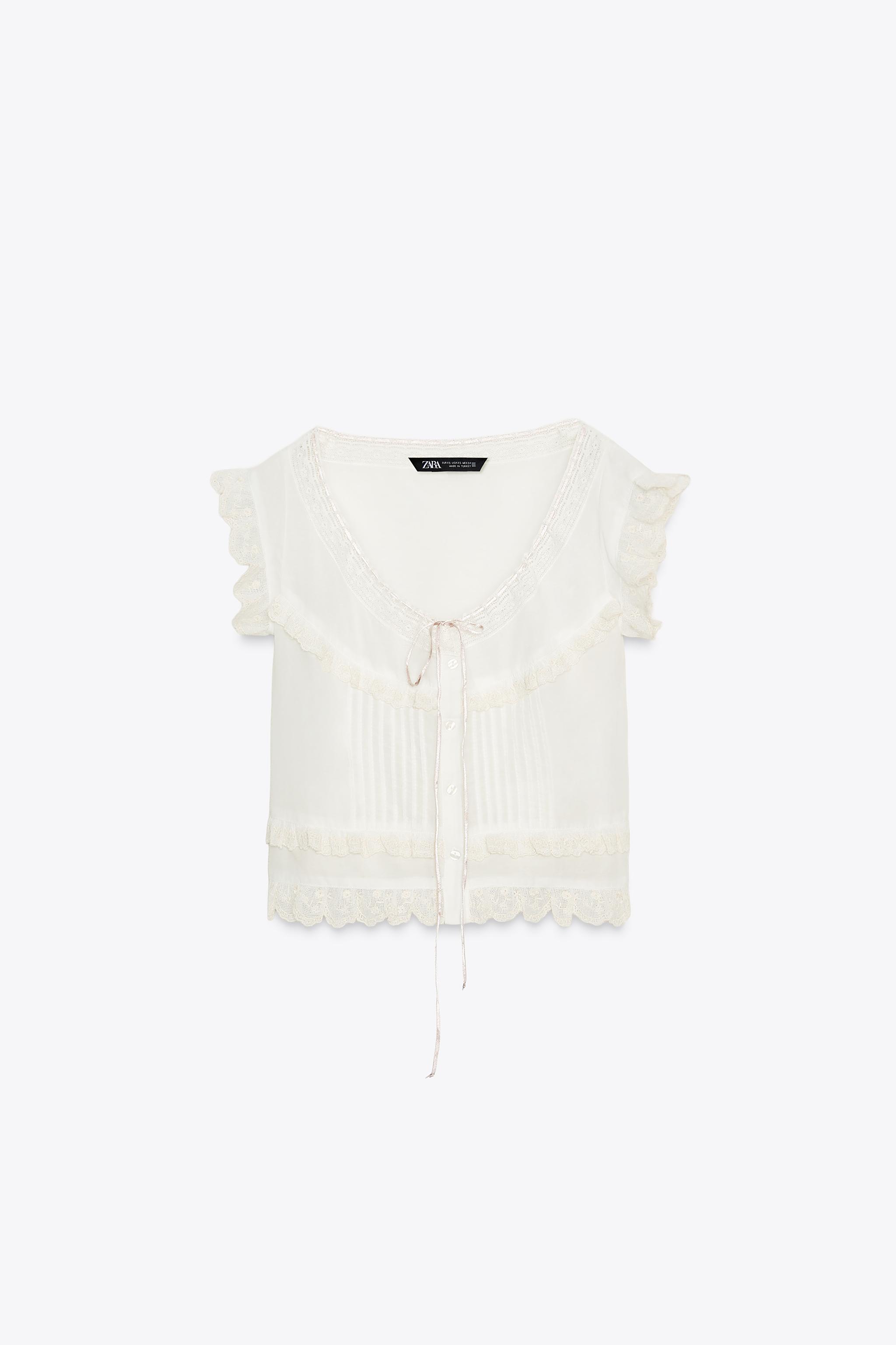EMBROIDERED GAUZE BOW CROP TOP - Ecru | ZARA United States