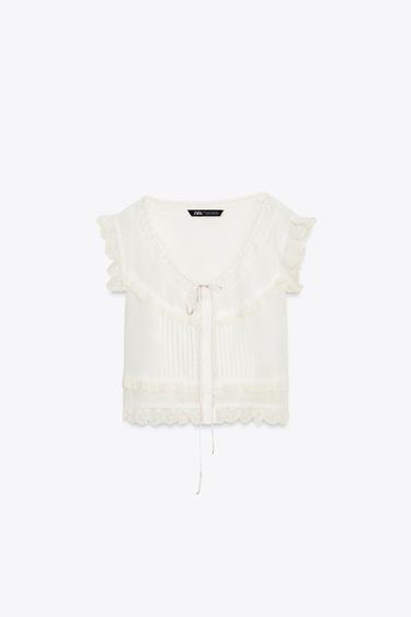 EMBROIDERED GAUZE CROP TOP WITH BOW - Ecru by Zara - Image 5