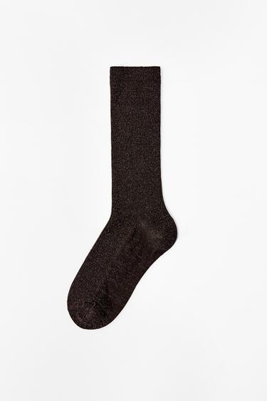 CHAUSSETTES CANNELÉES À FIL MÉTALLISÉ - Marron de Zara