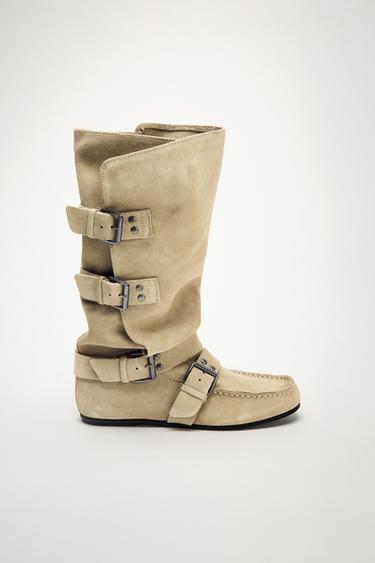 BUCKLED SPLIT SUEDE BOOTS - Sand Brown by Zara