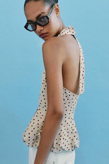 LINEN BLEND POLKA DOT BALLOON TOP - 930 by Zara
