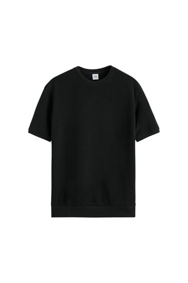 Front view of a black short-sleeved, crew-neck t-shirt.