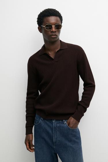 Zara Cotton blend knit polo sweater - Burgundy