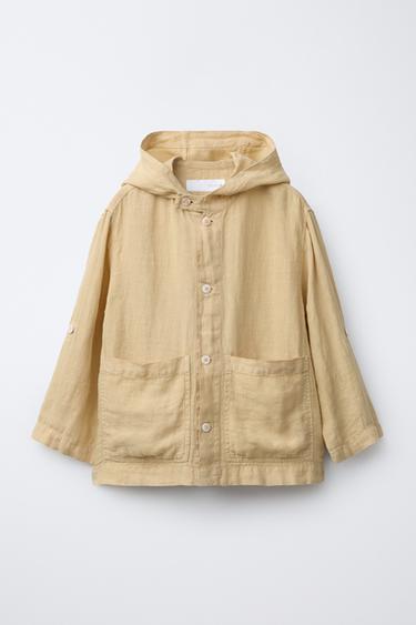 Zara 100% 亞麻連帽襯衫式外套 - 芥末色