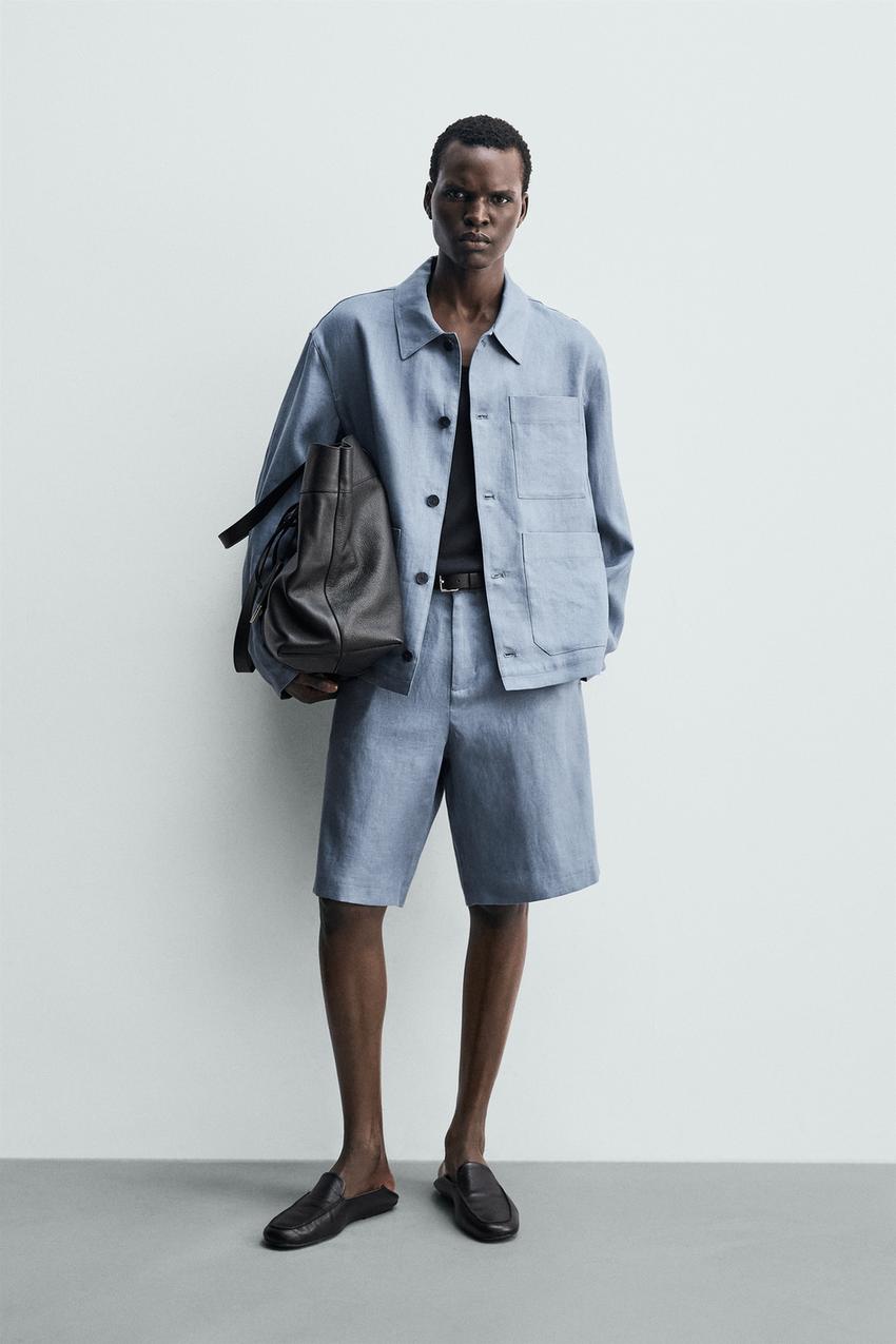 100% リネンポケット付きシャツジャケット - ウォッシュブルー | ZARA 