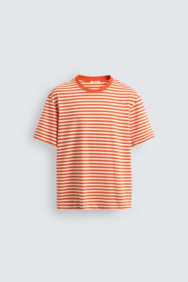 Zara REGULAR FIT STRIPED JACQUARD T-SHIRT - white-orange