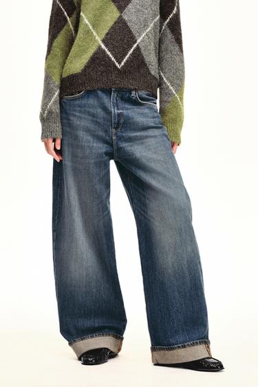 Zara TRF 中腰反摺吊襠牛仔褲 - 藍色