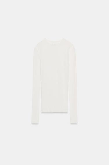 تيشرت قطني بأكمام طويلة - أبيض مكسور by Zara