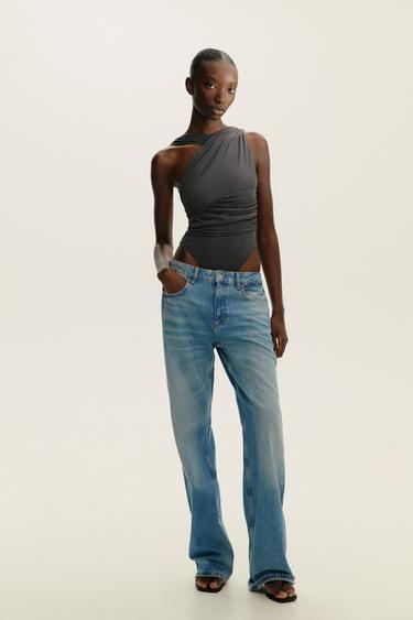 DRAPED ASYMMETRIC TULLE BODYSUIT - Anthracite grey by Zara