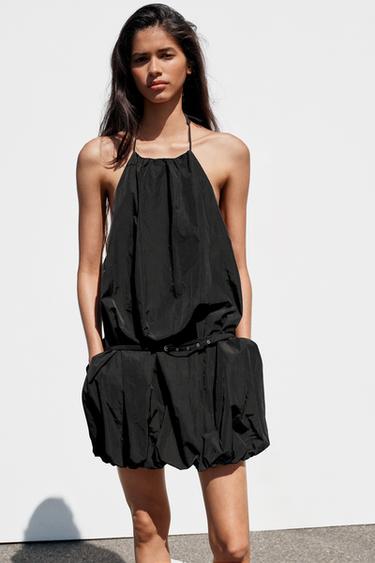 Zara HALTER BUBBLE HEM DRESS - Black