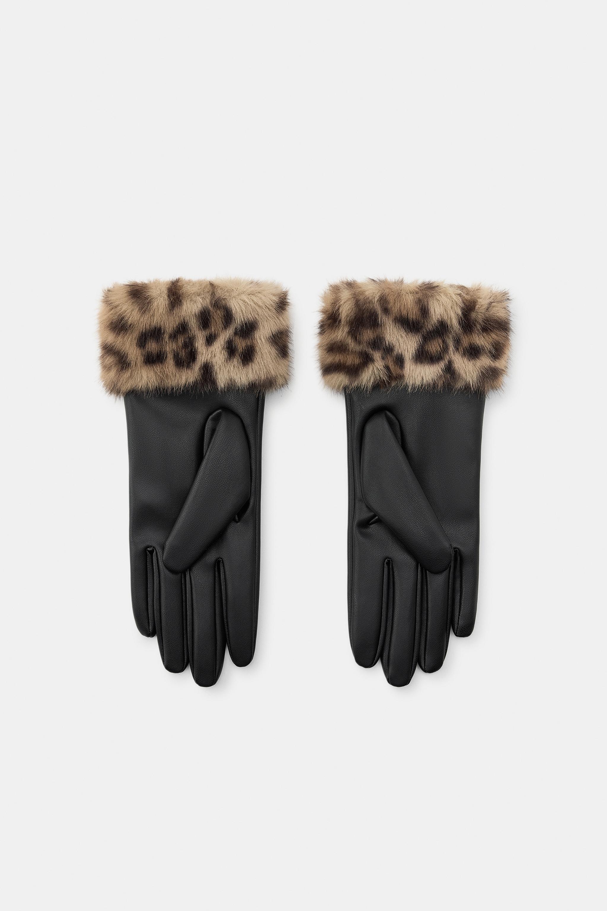 FAUX LEATHER ANIMAL PRINT FUR GLOVES