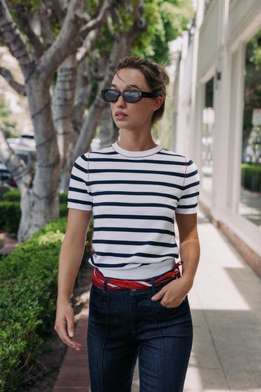 SHORT SLEEVE KNIT TOP WITH PIPED TRIMS - striped by Zara - Image 1