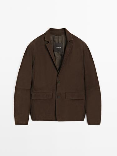 Blazer en cuir finition daim avec coutures apparentes - Marron foncé de Zara