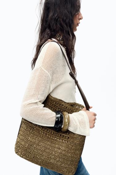 Zara RAFFIA EFFECT BUCKET BAG - Green - Image 0