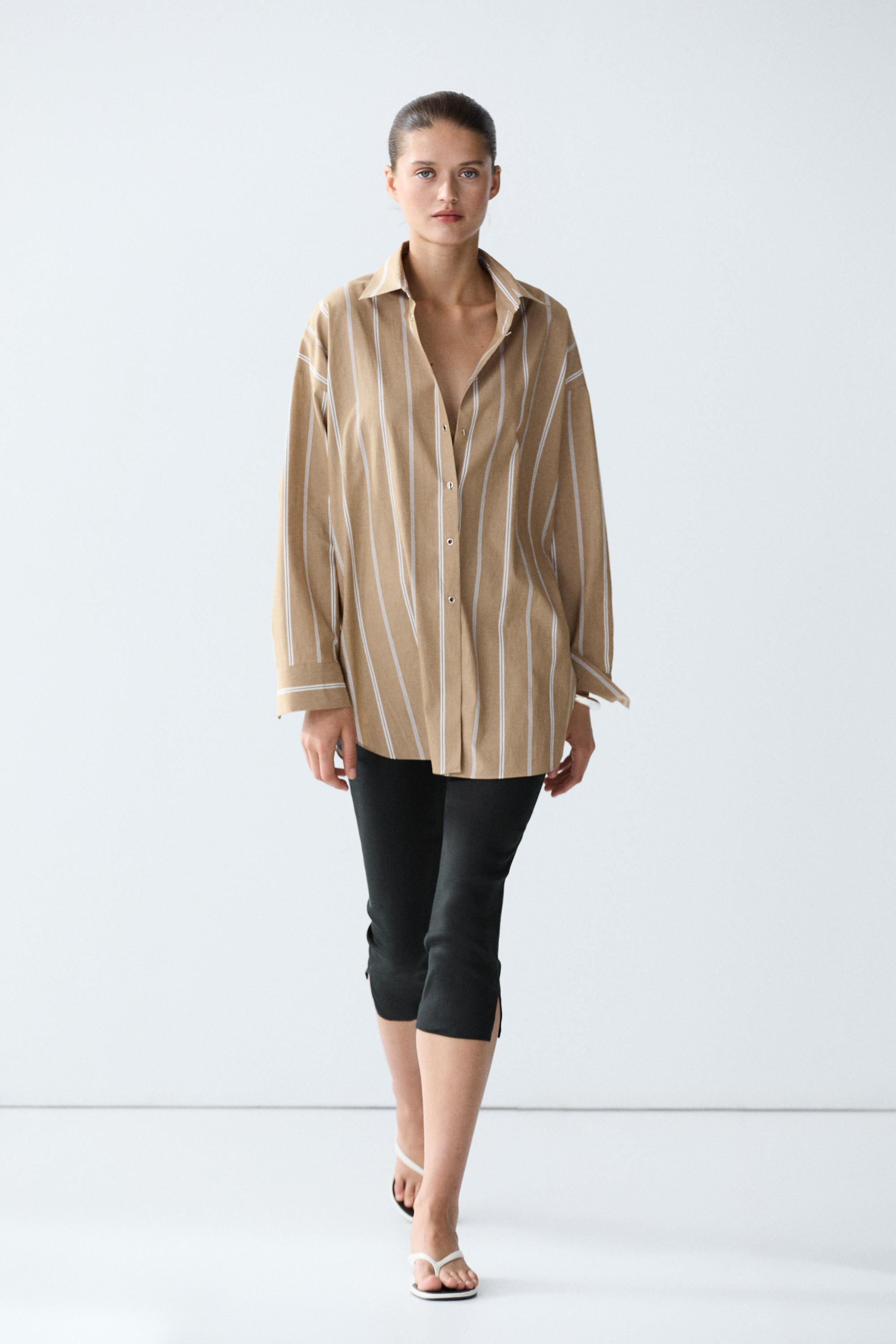 Striped shirt with button detail - Brown | ZARA Canada