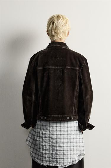 FLOCKED DENIM CROPPED JACKET — Brown 2