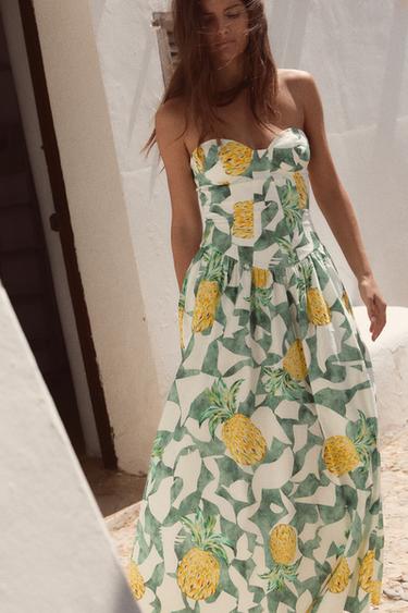 ROBE MI-LONGUE EN POPELINE STYLE CORSET À IMPRIMÉ FRUITÉ - Écru / Vert de Zara - Image 4